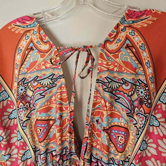 Vibrant Boho Print Mini Dress Deep Vneck 3/4 Sleeve Size Small - Picture 8 of 10